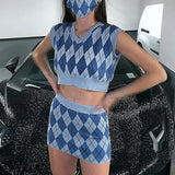 Argyle Knit Tank Top Female Streetwear Preppy Style Y2K Clothing Vneck Cropped Shirt 90s