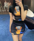 Korean Fashion Graphic T Shirts Hollow Out Short Sleeve Tshirts Slim Grunge Chic Irregular Tops Japanese Streetwear
