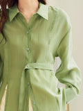 Fashion Women's Shirt Lapel Lace Up Waist Retraction Single Braested Long Sleeve Solid Color Blouse Summer 2023 New