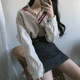 Two Pieces Sets Women Striped Shirts Single Breasted And V-Neck Sweater Vest Korean Style Chic Trendy Popular Female Ulzzang