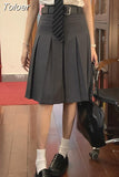 Vintage Y2k Pleated Skirt Women Preppy Style Autumn Korean Fashion High Waist Knee Length A-line Skirt 90s