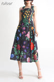 Print Dresses For Women Square Collar Sleeveless High Waist Folds Temperament Casual Dress Female Summer Fashion