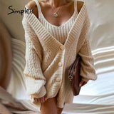 Simplee Sexy buttons v-neck long sleeves knitted mini dress set women Sexy crop tank top sweater coat suit Loose two pieces