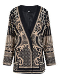 2023 Autumn And Autumn New Fashion fit V-Neck Patchwork Long Sleeve Thickened Suit Top Printed Women's Coat