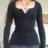 Patchwork Lace Buttoned Long Sleeve Tee-Outfit