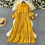Retro Casual Dress Women's 2025 Spring Folding Lantern Sleeve Casual Loose Single-Dripple Shirt Long