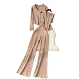 Feel Set 2025 Spring Women's Metal Buckle Vest Knitted Open-Shirt Broad Leg Pants Fashion Three-Piece