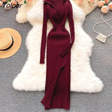 Women Korean Knitted Dress Long Sleeve V Neck Elastic Slim Pencil Dresses 2021 Autumn Sexy Bodycon Split Sweater