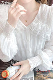 Blouse for Women Sweet Peter Pan Collar Long Sleeve White Shirts Lace Ruffles Chiffon Tops 2023 Blusas Mujer De