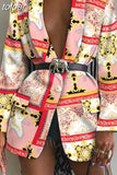 Sexy Print Colorblock Blazers For Women Notched Collar Long Sleeve Straight Jackets Female Autumn Clothing 2023