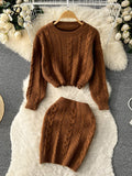 Winter OL Solid Sweater Sets Women O Neck Knitwear Top+High Waist Short Skirt Korean Casual Knitted Two Pieces