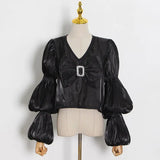 Vintage Solid Shirt For Women V Neck Lantern Sleeve Fold Pleated Slimming Shirts Female 2022 Spring Clothing
