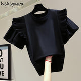 Woman Tshirts 2023 Summer Clothing Shirts for Women Patchwork Puff Sleeve O-neck Tees Tops Korean Casual Sweet
