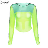 mesh see through long sleeve o-neck crop top striped patchwork asymmetry club party wear t shirts elastic fashion