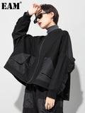 Loose Fit Black Pocket Ruffles Big Size Jacket New Stand Collar Long Sleeve Women Coat Fashion Autumn Winter 2022