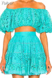 Casual Solid Cut Out Two Piece Suit For Women Square Collar Short Puff Sleeve Tops High Waist Mini Skirts Female Set