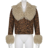 Sweetown Fur Trim Leopard Jackets Y2K Coats Women Vintage Grunge High Street Outwear Button Up Elegant Fashion Autumn