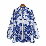 Women Chic Fashion Totem Print Asymmetric Blouses Vintage Long Sleeve Side Vents Female Shirts Chic