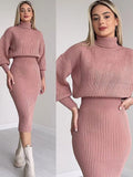 Elegant Knitted Dress 2 Pieces Set Long Sleeve Cropped Sweater And Slit Dress Suits Female Sexy Soft Pullover