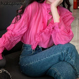 Blusas Mujer De Moda Sweet Ruffles Blouses for Women Loose V-neck Long Sleeve Folds Shirts Fashion Korean Sweet Y2k