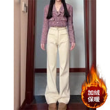 Design High-Waisted Narrow Version Of Straight Jeans Women Autumn And Winter Plus Velvet Warm Thin