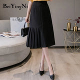 High Waist Elegant 2020 Summer Long Pleated Midi Skirt Woman Solid Color Office Work Wear Irregular Maxi Black