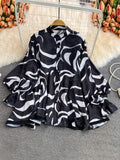 Print Lace Up Shirt For Women Stand Collar Long Sleeve Colorblock Loose Blouses Female Fashion Summer Clothing 2023