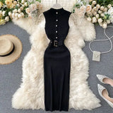 Knitted Sexy Club Sheath Bodycon Dresses Women Solid Sashes Stretch Button Vestidos 2022 Summer Robes