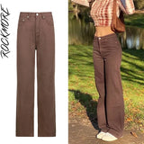 Rockmore Brown Vintage Baggy Jeans Women 90s Streetwear Pockets Wide Leg Cargo Pants Low Waist Straight Denim Trousers