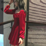Sleeve Dress Women Square-collar Bow Elegant Backless Mini A-line Velvet-fabric Fashion Retro Womens Vestidos Chic