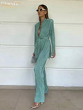 Autumn Green Pleated Pants Set Bodycon Slit Trosuer Suits Fashion Lace-Up Long Sleeve Blazer 2 Piece Sets Womens