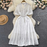 Fashion Embroidery Midi Long Dress Lapel V Neck Pearl Belt Ruff Sleeve Ladies Elastic Waist Sweet Beach Summer