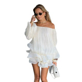 French Style Shoulder Necromanid Cake Dress Chic Design Lantern Sleeve Pure Temperament