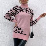 Autumn Winter Pullover Slim Knit Leopard Print Women Turtleneck Long Sleeve Warm Thick Casual Fashion Female Sweaters