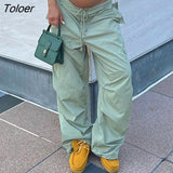 Oversized Wide Leg Cargo Pants Green Casual Baggy Sweatpants Harajuku Drawstring Low Rise Women Hippie Joggers