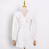 White Patchwork Ruffle Jumpsuit For Women V Neck Long Sleeve High Waist Elegant Jumpsuits Female Fashion New