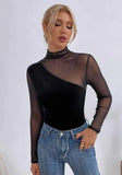 Black Sexy Turtleneck Full Sleeves Patchwork Mesh
