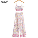 Boho Vintage Pattern Print Women 2 Piece Set Spring 2023 Midriff Baring Wide Leg Pant Retro Chic Beach Vacation Women