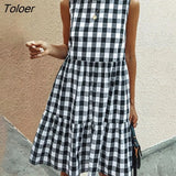 Casual Loose Plaid Print Ruffles A-line Dresses For Women 2021 O Neck Sleeveless Vintage Dress Ladies Fashion