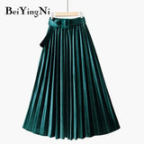 Autumn Winter Skirt Women With Belt Long Metallic Silver Maxi Pleated Skirt Midi High Waist Fashion Vintage Saia
