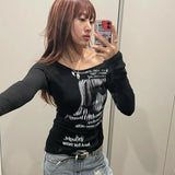 Grunge Print Long Sleeve T-shirt Korean Fashion Graphic T Shirts Y2k Aesthetics Kpop Tops Sexy Slim Tee Shirt