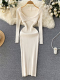 French Vinage Sexy Knitted Dress Autumn Long Sleeve Sheath Knit Dress Women 2022 Fashion Striped Knitted Long