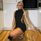 Sisterlinda Stacked Plaid Bandage Hollow Sexy Y2K Dress Women Sleeveless Turtleneck String Bodycon Party Clubwear Female