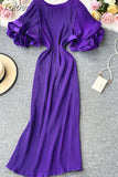 Korean Pleated Women Dress Flare Short Sleeve O-neck Causal Dresses 2023 Summer Long Robe Fashion Vestidos