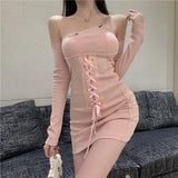 Lace Up Bandage Cross Women Slit Mini Dress One Shoulder Long Sleeve Knitting Bandage Front Sexy Streetwear Party Elegant