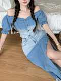 Women 2 Piece Set Sexy Denim Slash Neck Short Sleeve Crop Top + High Waist Split Bodycon Skirts Korean Lady Elegant