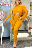 Ruched Drawstring 2 Piece Set for Women Otufits One Shoulder Long Sleeve Crop Top and Stacked Skinny Pant Loungewear
