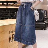 Vintage Denim Skirt Drawstring High Elastic Waist Pockets Streetwear Midi Jeans Skirts Women Oversized Split