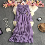 New Spring Autumn Temperament V-Neck long sleeve Dress high waist lace up waist solid color long A-line Pleated