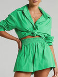 Fashion Patchwork Shorts Sets 2 Pieces Women Outfits Long Sleeves Lapel Shirts And Hot Shorts Splicing Summer